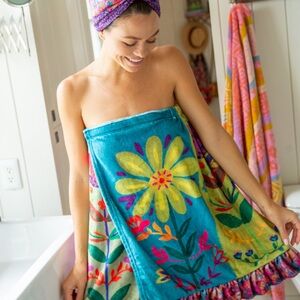 Natural Life Towel Wrap S/M Teal Flowers Multicolor Soft Velvety SKU: BTWL093